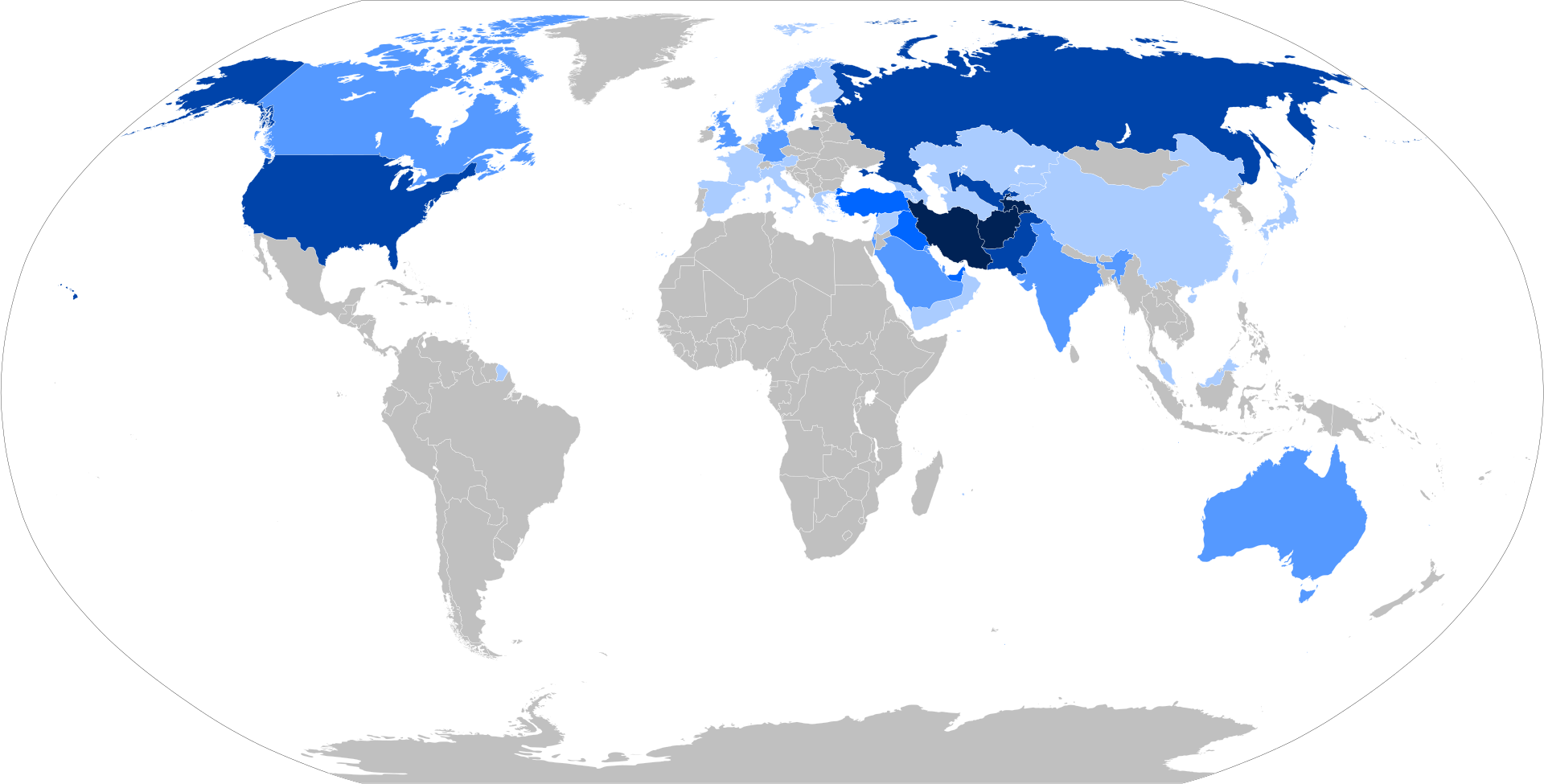 Map showing the presence of Persian speakers in the countries of the world by shades of blue